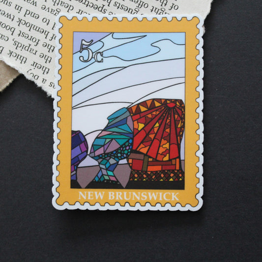 Colorful stamp-shaped sticker with stained glass design of Hopewell Rocks in New Brunswick